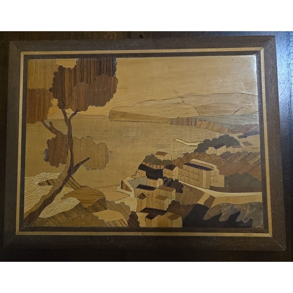 Vintage Italian Marquetry Wall Artwork Coastal Scene 8.25" x 6.5"